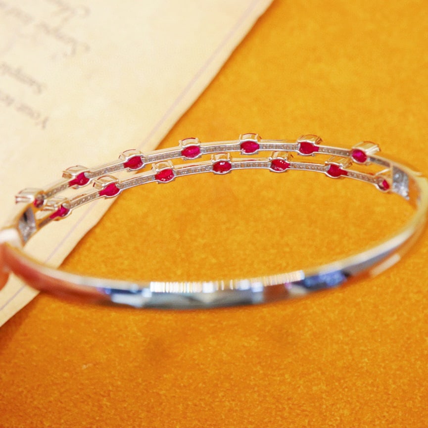 14k Gold 2.77 Ctw Natural Ruby & Diamond Bangle - 4