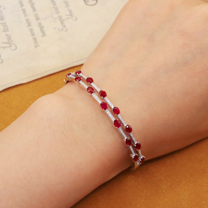 14k Gold 2.77 Ctw Natural Ruby & Diamond Bangle - 5
