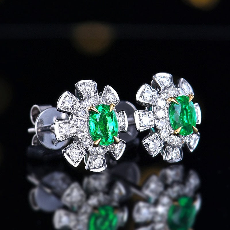 14k Gold 0.66 Ctw Vivid Green Natural Emerald & Diamond Earrings - 3
