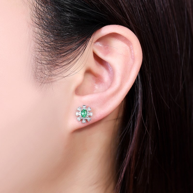 14k Gold 0.66 Ctw Vivid Green Natural Emerald & Diamond Earrings - 4
