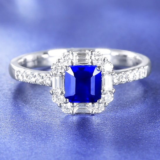 14k Gold 1.40 Ctw Natural Sapphire & Diamond Ring: Ref:230980207 // gold content:14k gold // ring size:7. 25us // // main gemstone:sapphire // shape:octagonal // carat weight:1. 02ct // color:royal blue // treatment:natural // // adjacent gemstone 2