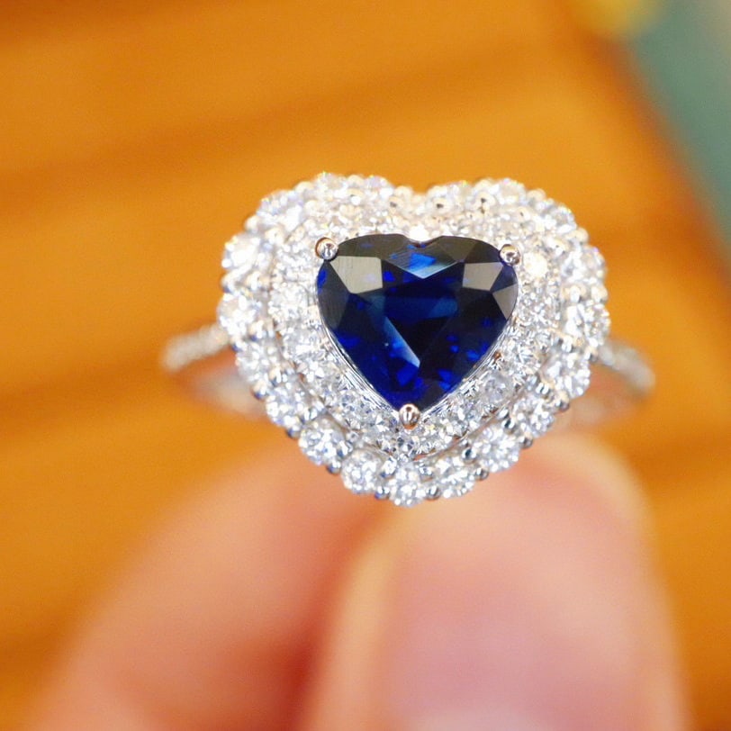 14k Gold 1.51 Ctw Natural Sapphire & Diamond Ring: Ref:230980216 // gold content:14k gold // ring size:7. 25us // // main gemstone:sapphire // shape:heart // carat weight:1. 06ct // color:royal blue // treatment:natural // // adjacent gemstone 2 :