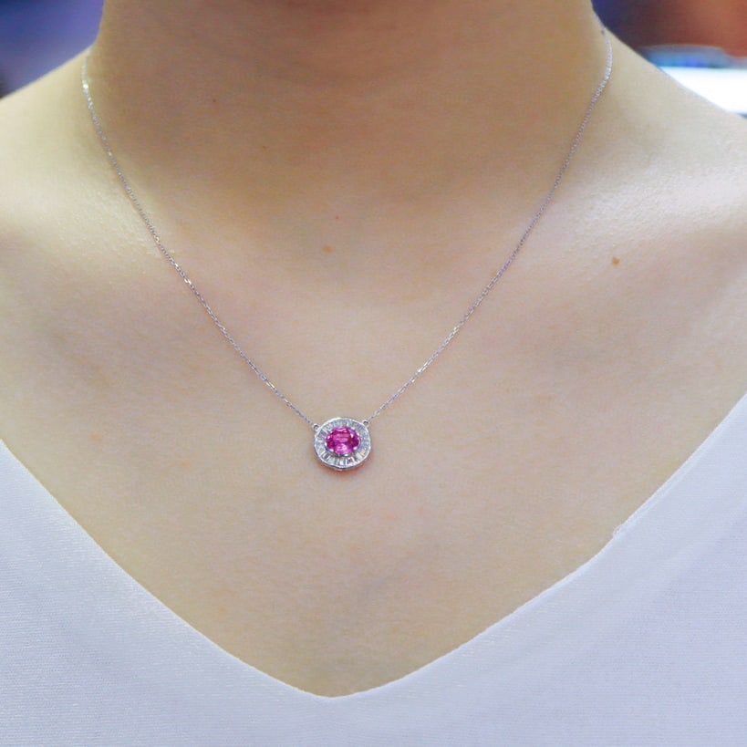 14k Gold 1.23 Ctw Natural Padparadscha Sapphire & Diamond Necklace - 3