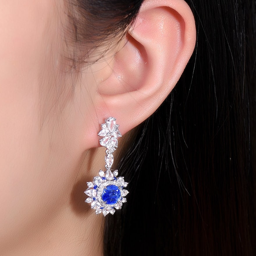 14k Gold 4.14 Ctw Natural Sapphire & Diamond Earrings - 2