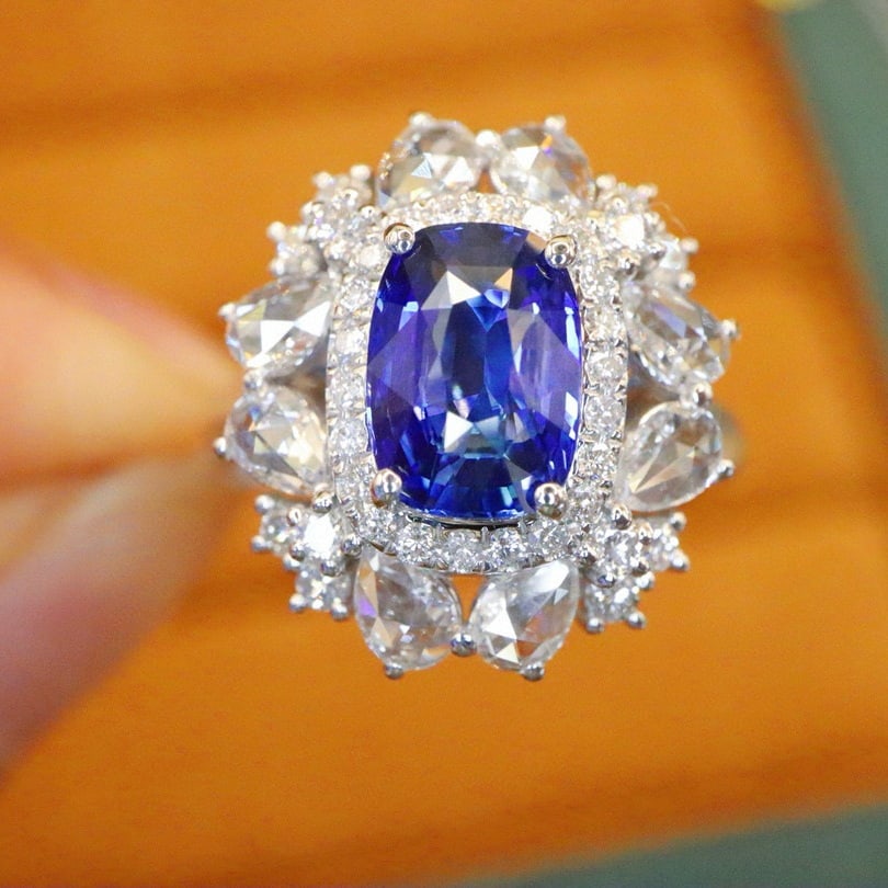 14k Gold 3.07 Ctw Natural Sapphire & Diamond Ring: Ref:230980240 // gold content:14k gold // ring size:7. 25us // // main gemstone:sapphire // shape:cushion // carat weight:2. 06ct // color:royal blue // treatment:natural // // adjacent gemstone 2 :