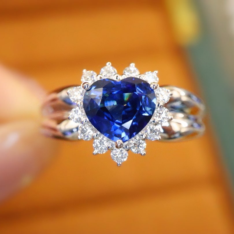 14k Gold 1.46 Ctw Natural Sapphire & Diamond Ring: Ref:230980258 // gold content:14k gold // ring size:7. 25us // // main gemstone:sapphire // shape:heart // carat weight:1. 20ct // color:royal blue // treatment:natural // // adjacent gemstone 2 :