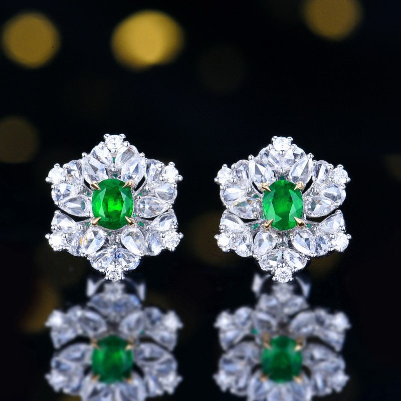 14k Gold 1.55 Ctw Vivid Green Natural Emerald & Diamond Earrings: Ref:230980264 // gold content:14k gold // main gemstone:emerald // shape:oval // carat weight:0. 61ct // color:vivid green // treatment:natural // // adjacent gemstone 2 : diamond // number of