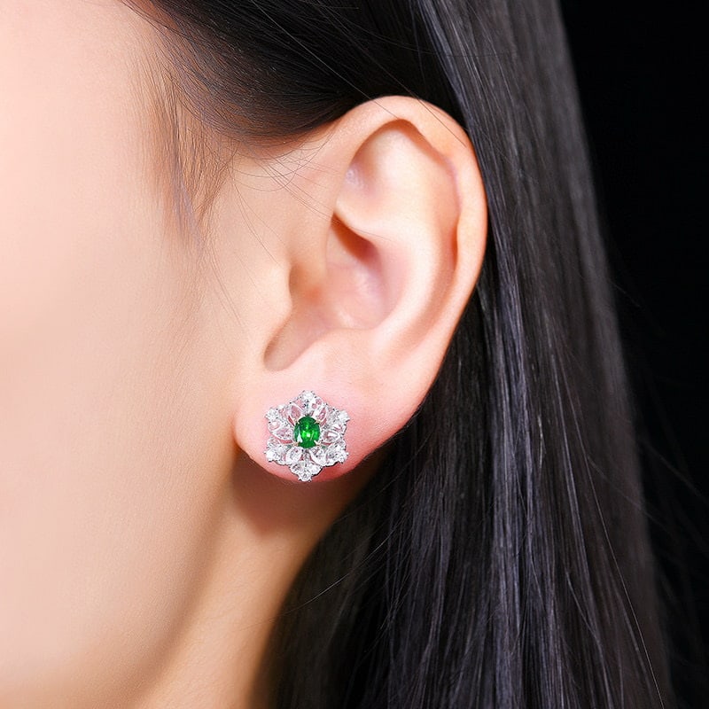 14k Gold 1.55 Ctw Vivid Green Natural Emerald & Diamond Earrings - 5