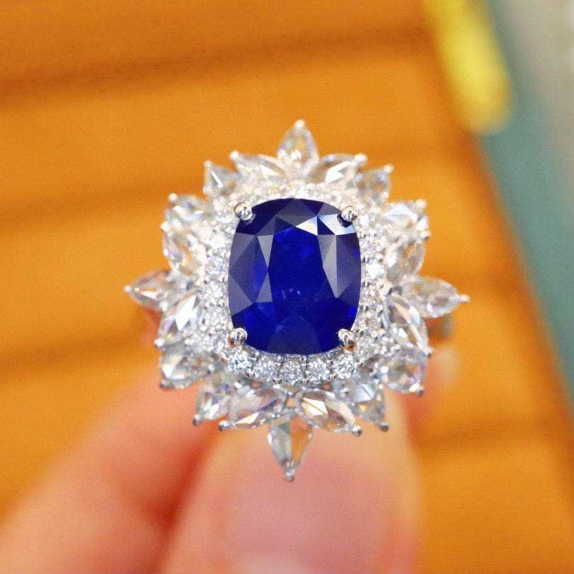 14k Gold 2.94 Ctw Natural Sapphire & Diamond Ring: Ref:230980291 // gold content:14k gold // ring size:7. 25us // // main gemstone:sapphire // shape:cushion // carat weight:2. 08ct // color:royal blue // treatment:natural // // adjacent gemstone 2 :
