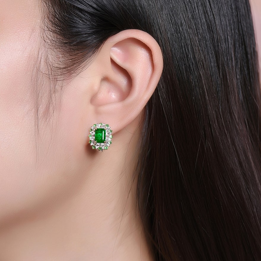 14k Gold 2.99 Ctw Vivid Green Natural Emerald & Diamond Earrings - 2