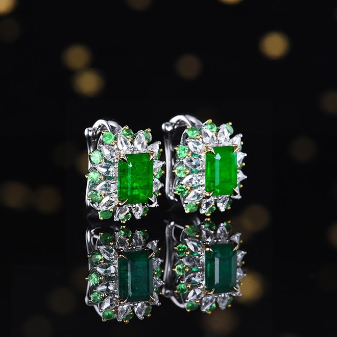 14k Gold 2.99 Ctw Vivid Green Natural Emerald & Diamond Earrings - 4