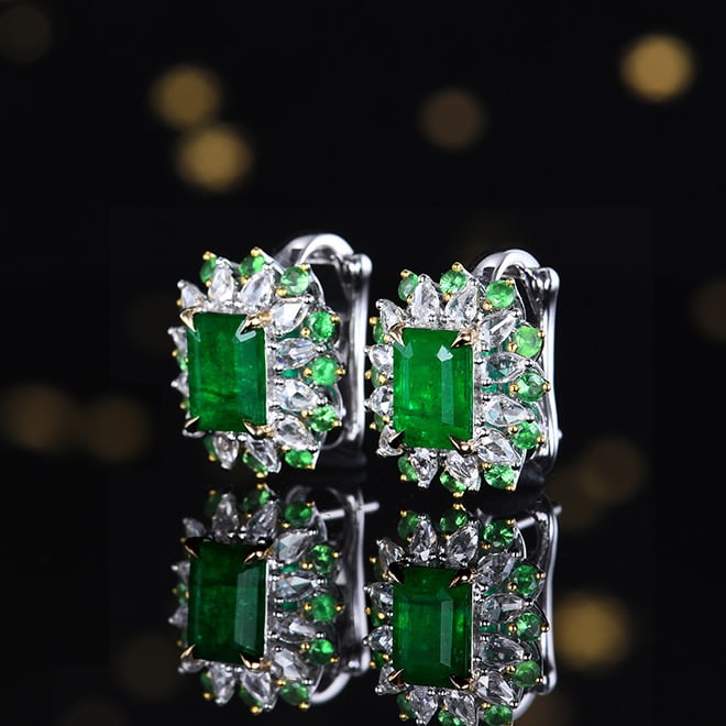 14k Gold 2.99 Ctw Vivid Green Natural Emerald & Diamond Earrings - 5