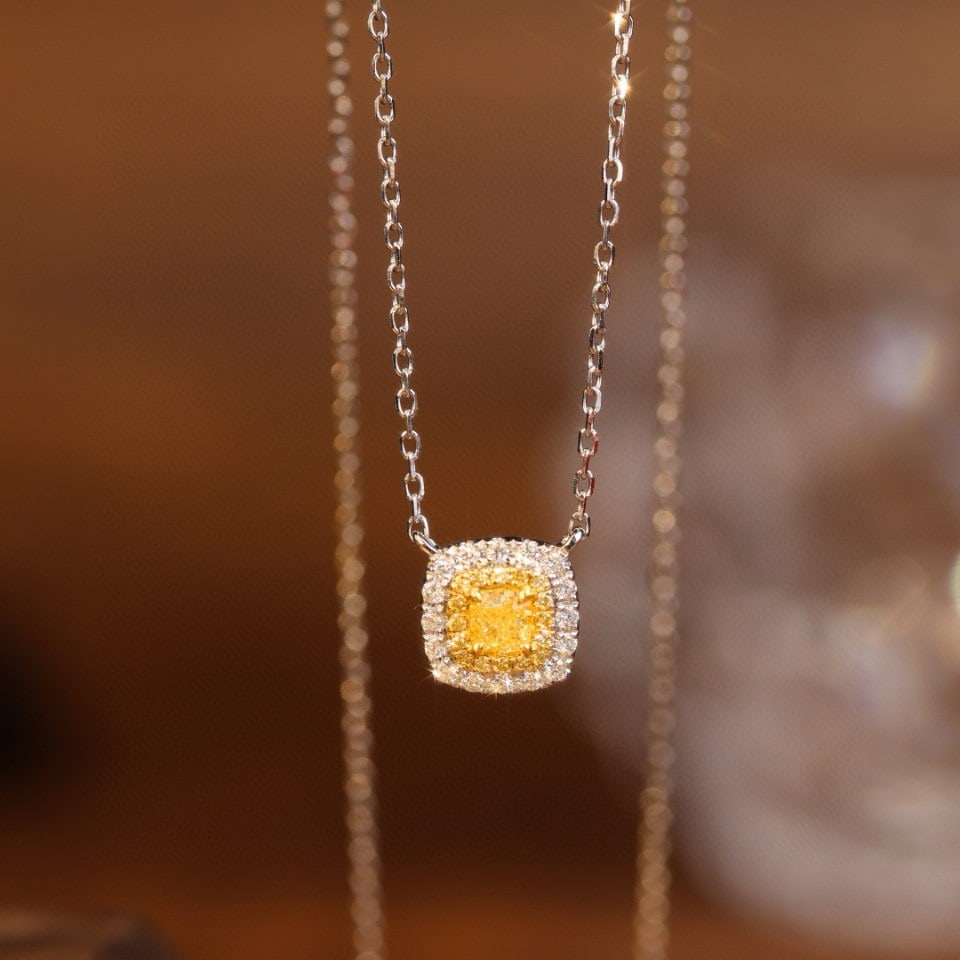 14k Gold 0.31 Ctw Natural Yellow Diamond & Diamond Necklace: Ref:230980298 // gold content:14k gold // main gemstone:yellow diamond // shape:cushion // carat weight:0. 19ct // color:yellow // treatment:natural // // adjacent gemstone 2 : diamond // shape:round