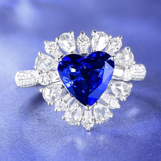 14k Gold 3.19 Ctw Natural Sapphire & Diamond Ring: Ref:230980303 // gold content:14k gold // ring size:7. 25us // // main gemstone:sapphire // shape:heart // carat weight:2. 40ct // color:royal blue // treatment:natural // // adjacent gemstone 2 :