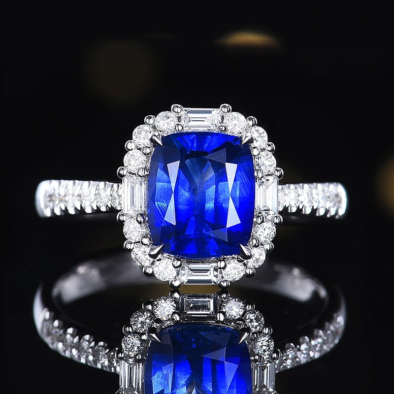 14k Gold 2.46 Ctw Natural Sapphire & Diamond Ring: Ref:230980305 // gold content:14k gold // ring size:7. 25us // // main gemstone:sapphire // shape:cushion // carat weight:2. 09ct // color:cornflower blue // treatment:natural // // adjacent gemstone