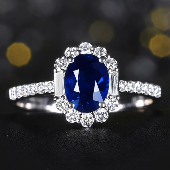 14k Gold 1.91 Ctw Natural Sapphire & Diamond Ring: Ref:230980306 // gold content:14k gold // ring size:7. 25us // // main gemstone:sapphire // shape:oval // carat weight:1. 52ct // color:royal blue // treatment:natural // // adjacent gemstone 2 :