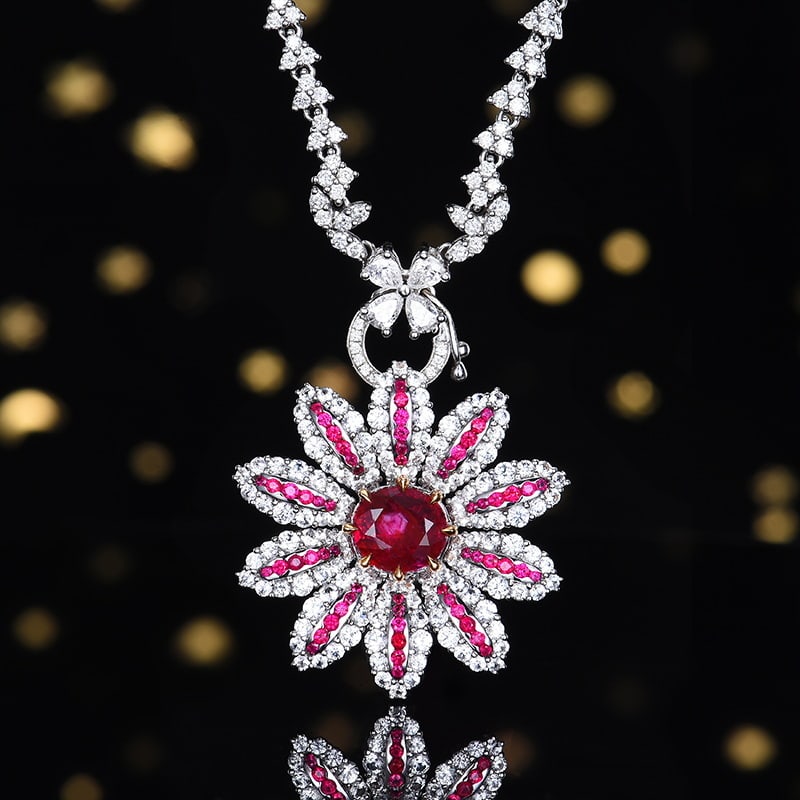 14k Gold 1.68 Ct Natural Ruby & Sapphire & Ruby Pendant( Without Chain ): Ref:230980310 // gold content:14k gold // main gemstone:ruby // shape:oval // carat weight:1. 68ct // color:red // treatment:natural // // adjacent gemstone 2 : sapphire // number of stones:130 //