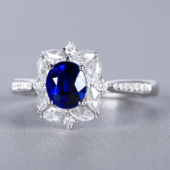 14k Gold 1.33 Ctw Natural Sapphire & Diamond Ring: Ref:230980314 // gold content:14k gold // ring size:7. 25us // // main gemstone:sapphire // shape:oval // carat weight:1. 05ct // color:royal blue // treatment:natural // // adjacent gemstone 2 :