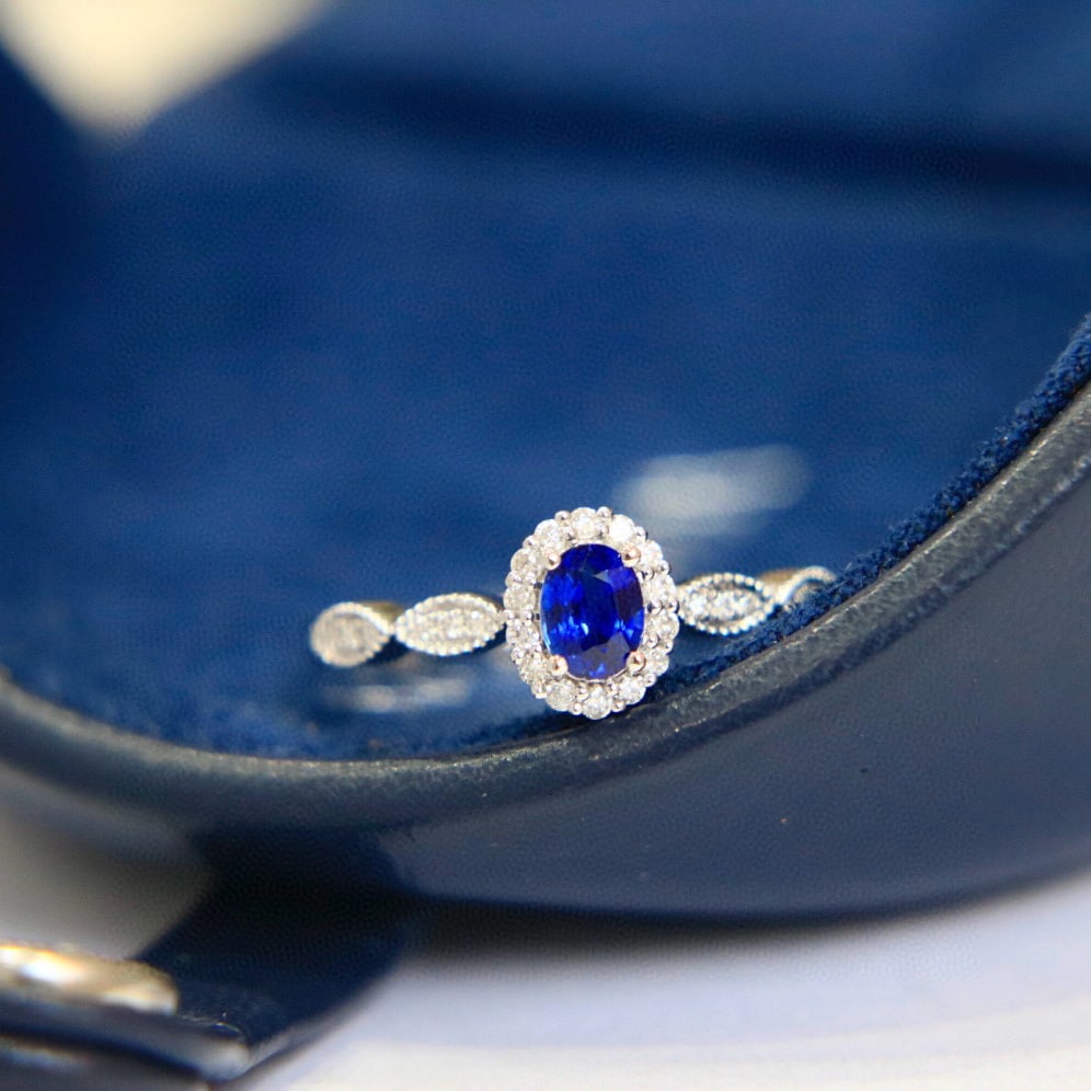 14k Gold 0.41 Ctw Natural Sapphire & Diamond Ring: Ref:230980319 // gold content:14k gold // ring size:7. 25us // // main gemstone:sapphire // shape:oval // carat weight:0. 3ct // color:royal blue // treatment:natural // // adjacent gemstone 2 : diamo