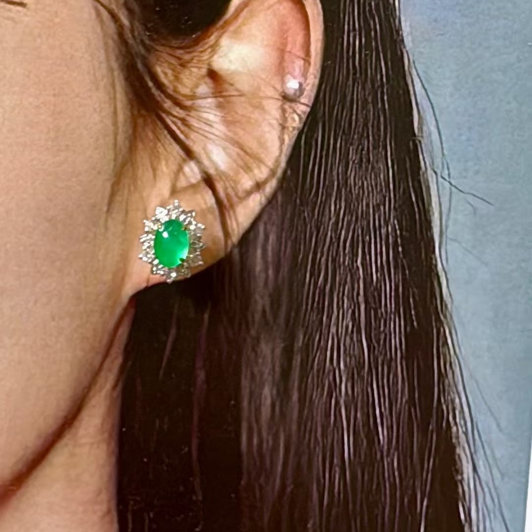14k Gold 1.3 Ct Natural Emerald & Diamond Earrings - 2