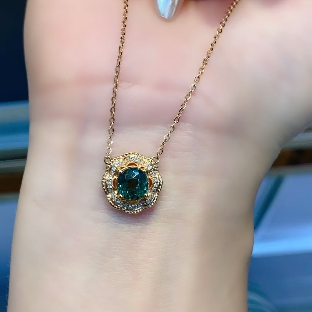 14k Gold 1.44 Ctw Natural Tourmaline & Diamond Necklace: Ref:230980343 // gold content:14k gold // main gemstone:tourmaline // shape:round // carat weight:1. 35ct // color:green // treatment:natural // cut grade:g // // adjacent gemstone 2 : diamond //