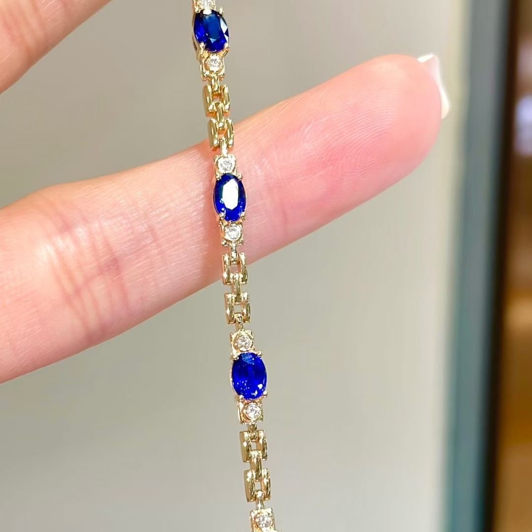 14k Gold 3.2 Ct Natural Sapphire & Diamond Bracelet - 2