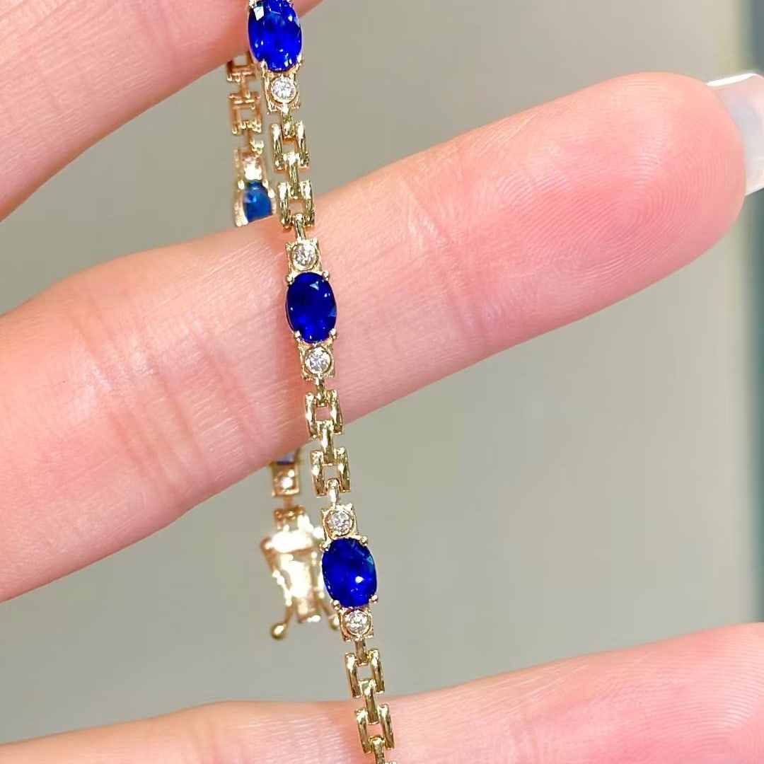 14k Gold 3.2 Ct Natural Sapphire & Diamond Bracelet - 3
