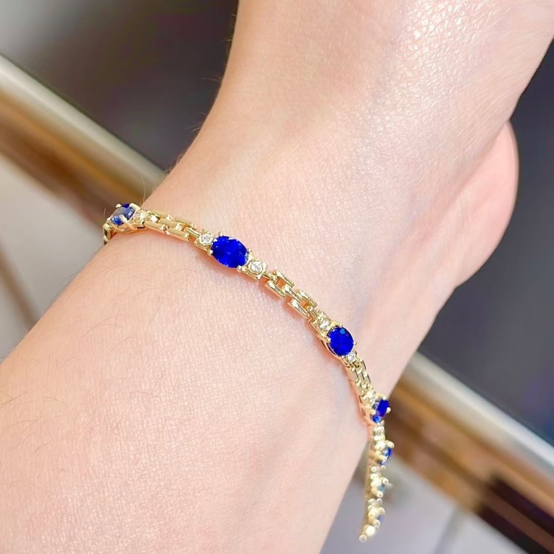 14k Gold 3.2 Ct Natural Sapphire & Diamond Bracelet - 4