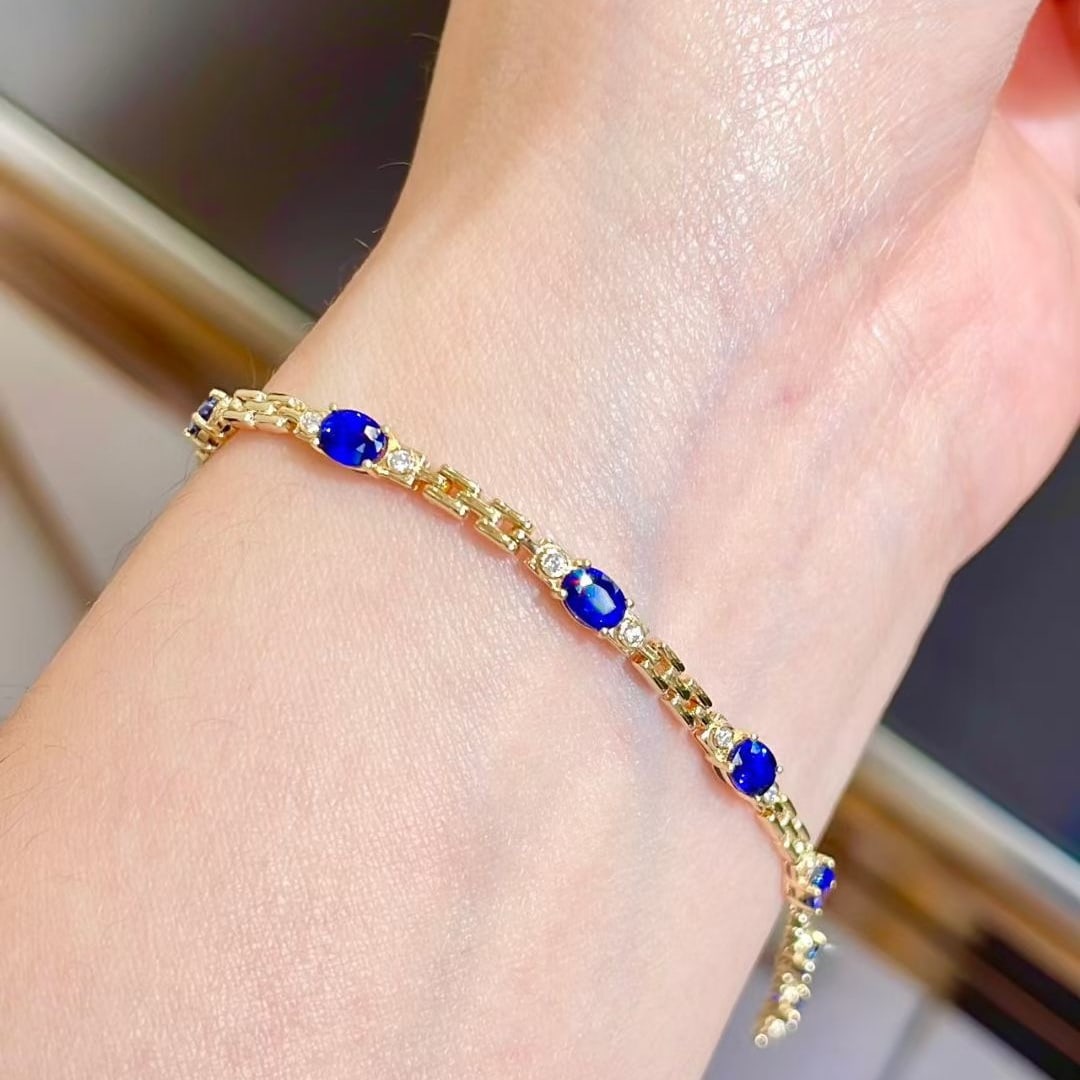 14k Gold 3.2 Ct Natural Sapphire & Diamond Bracelet - 5