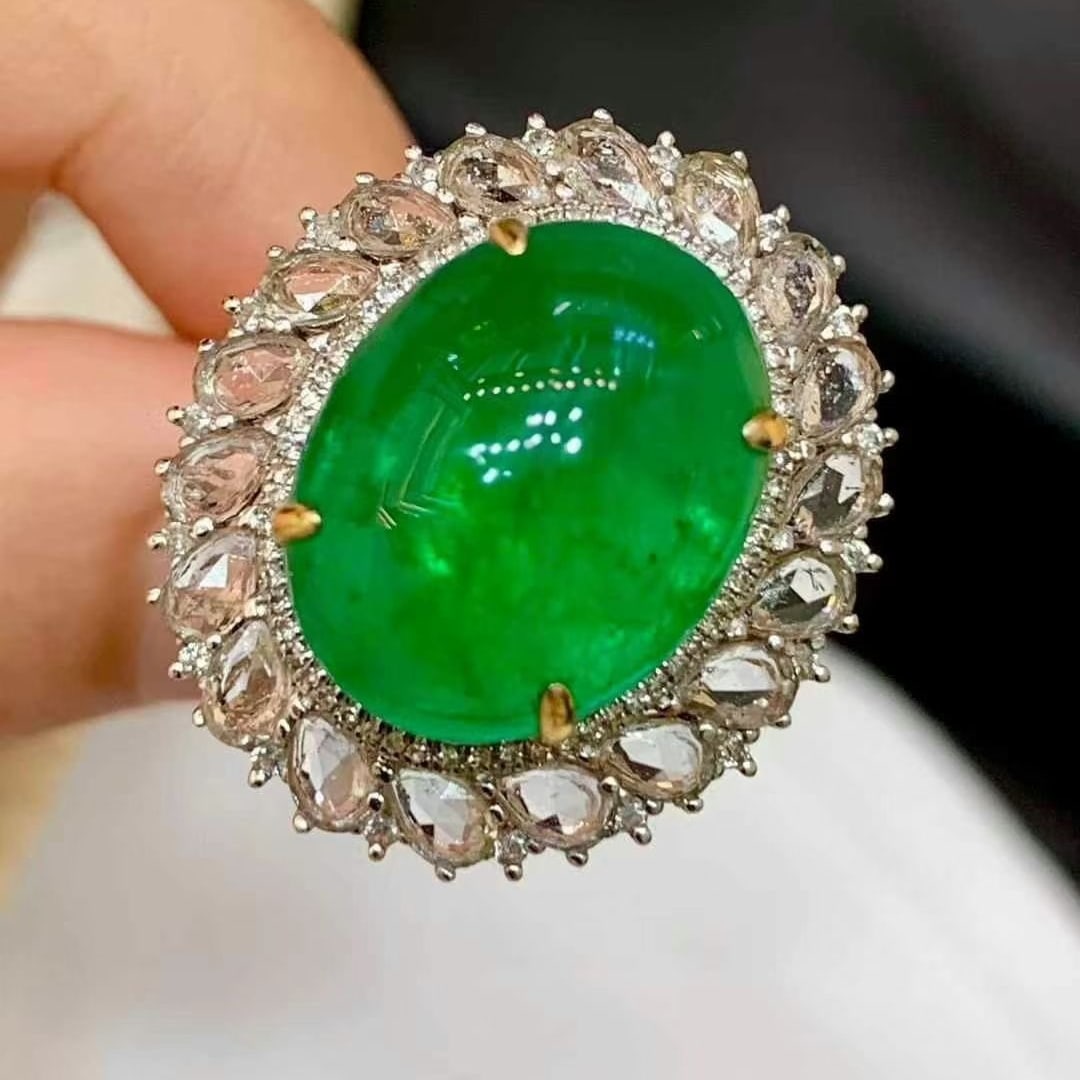 14k Gold 13.3 Ct Vivid Green Natural Emerald & Diamond & Sapphire Ring/pendant( Without Chain ) - 2