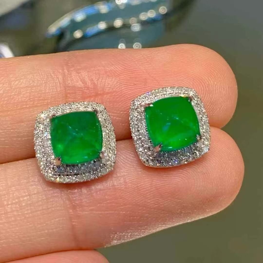 14k Gold 3.2 Ct Vivid Green Natural Emerald & Diamond Earrings - 2