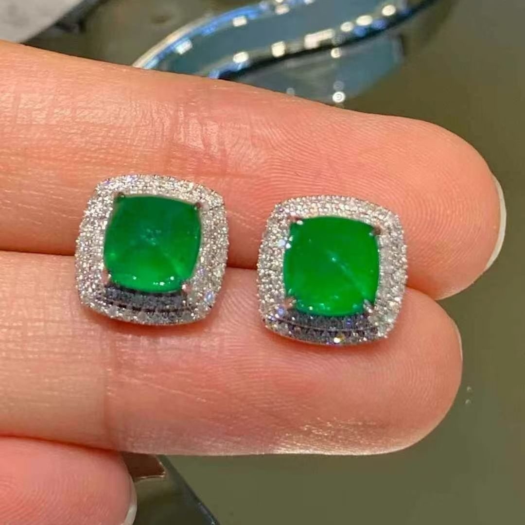 14k Gold 3.2 Ct Vivid Green Natural Emerald & Diamond Earrings - 5