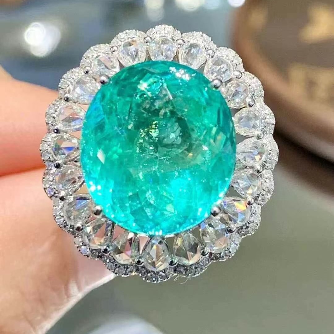 14k Gold 9.75 Ct Natural Paraiba Tourmaline & Diamond Ring/pendant( Without Chain ): Ref:230980384 // gold content:14k gold // ring size:7. 25us // // main gemstone:paraiba tourmaline // shape:oval // carat weight:9. 75ct // color:blue // treatment:natural // // adjacent gemstone 2 :