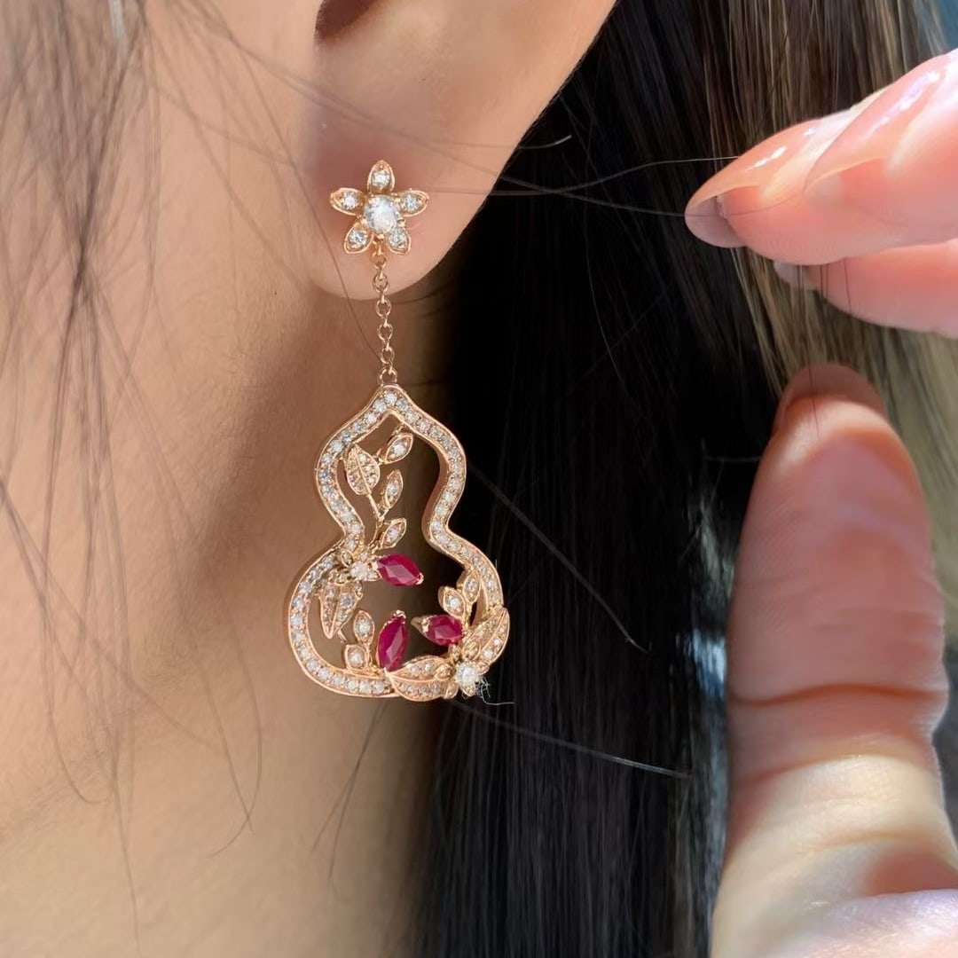 14k Gold 1.7 Ctw Vivid Red Natural Ruby & Diamond Earrings - 4