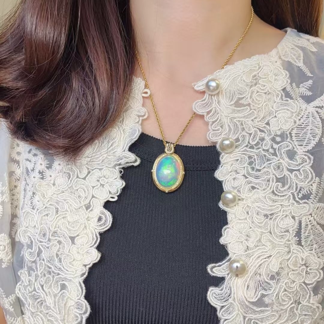 14k Gold 26.23 Ctw Natural Opal & Diamond Pendant( Without Chain ) - 4