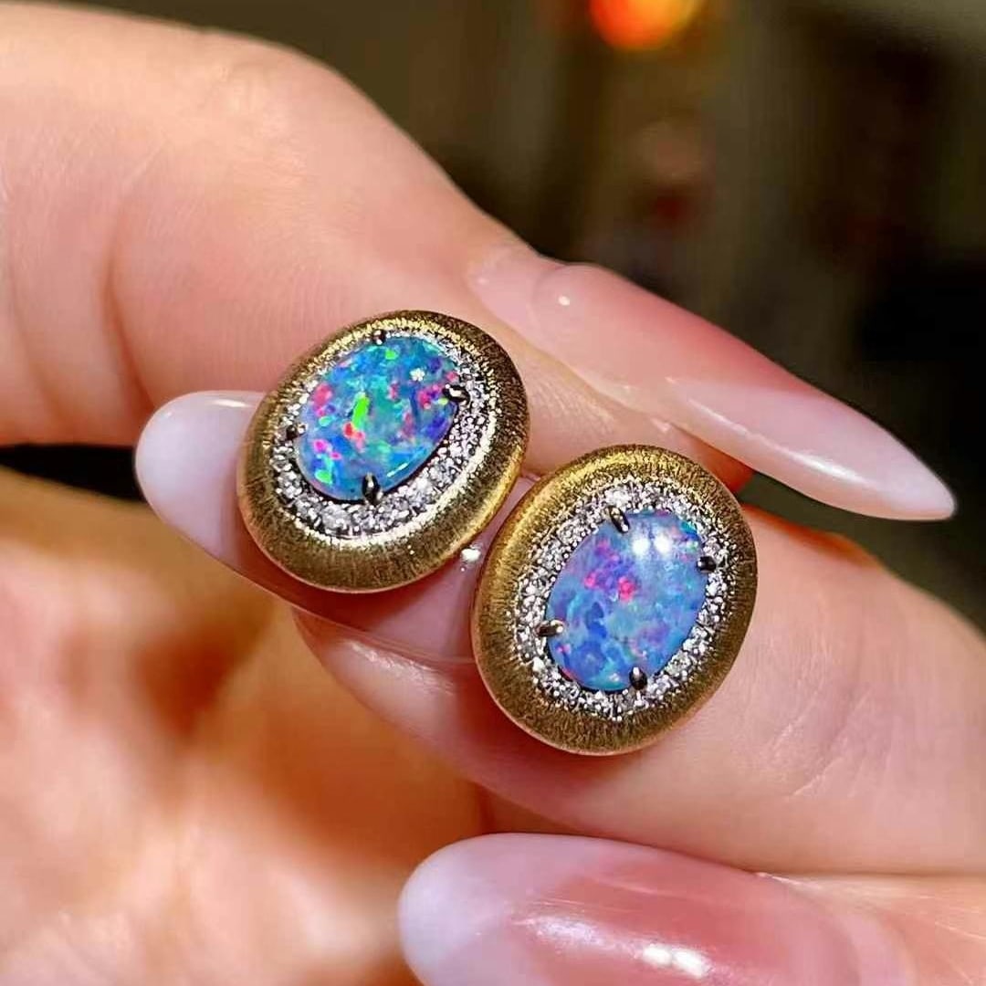14k Gold 1.21 Ctw Natural Opal & Diamond Earrings - 3