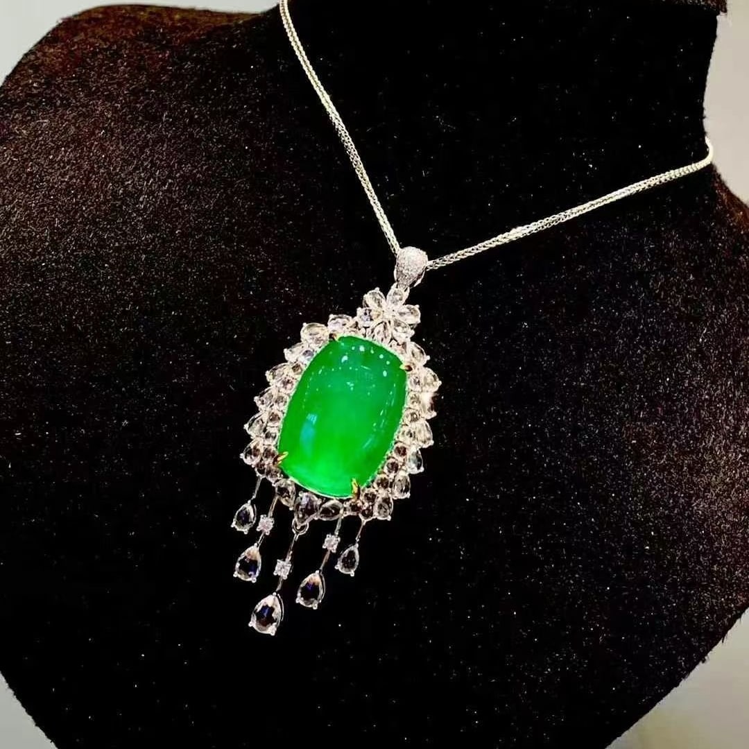 14k Gold 13.1 Ct Vivid Green Natural Emerald & Diamond & Sapphire Pendant( Without Chain ) - 2