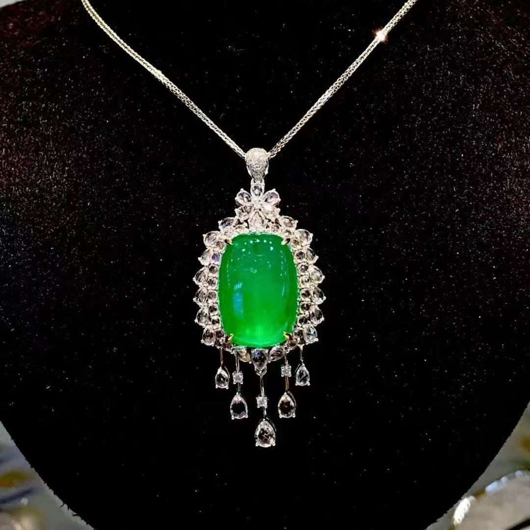 14k Gold 13.1 Ct Vivid Green Natural Emerald & Diamond & Sapphire Pendant( Without Chain ) - 3
