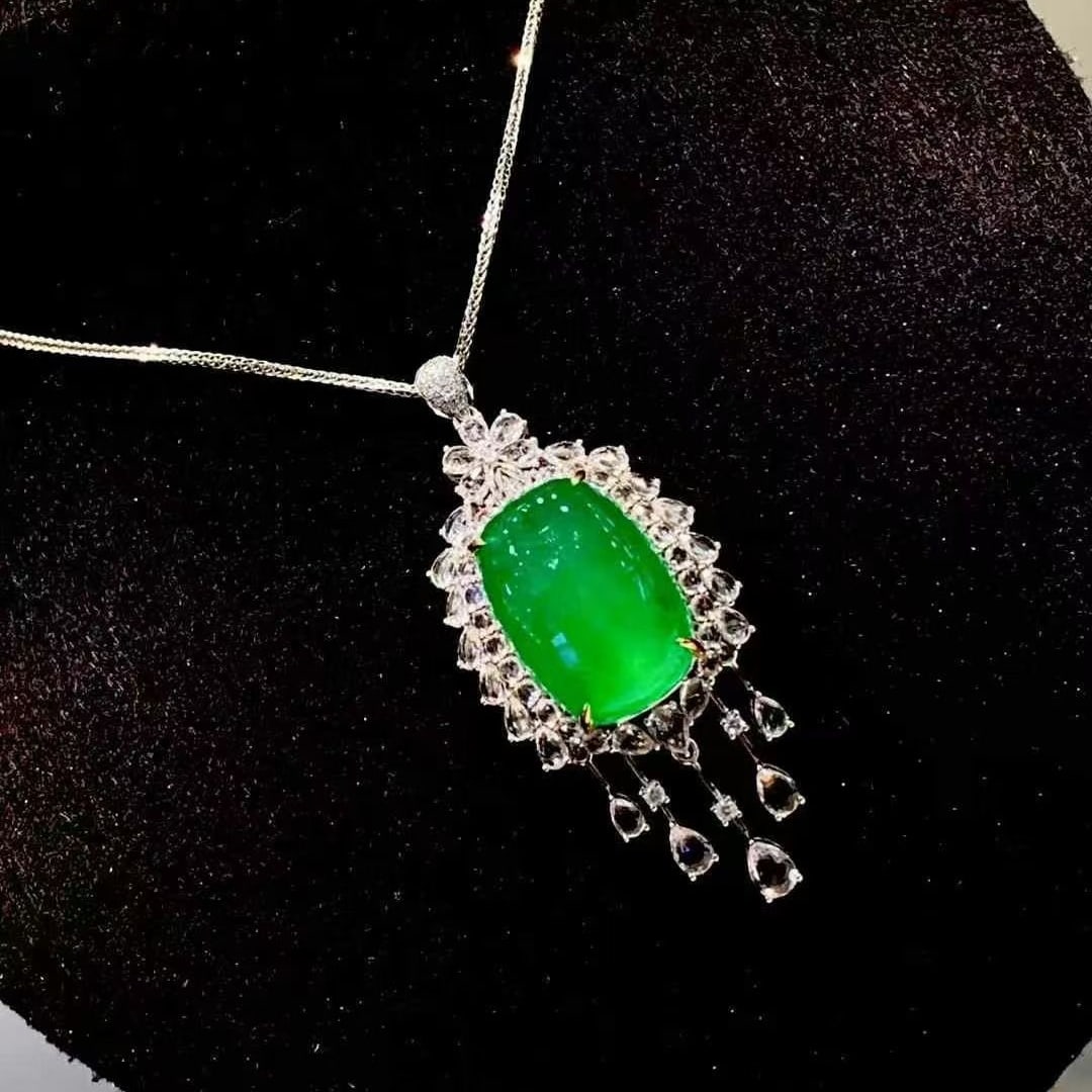 14k Gold 13.1 Ct Vivid Green Natural Emerald & Diamond & Sapphire Pendant( Without Chain ) - 6