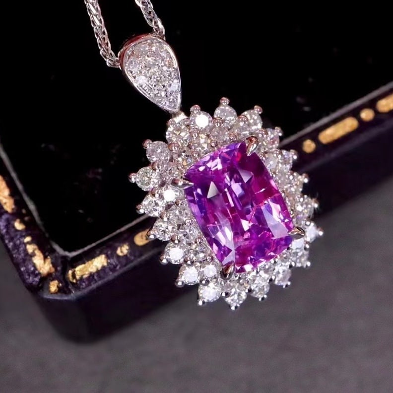 14k Gold 1.64 Ctw Natural Sapphire & Diamond Pendant( Without Chain ): Ref:230980409 // gold content:14k gold // main gemstone:sapphire // shape:cushion // carat weight:1. 25ct // color:purple // treatment:natural // // adjacent gemstone 2 : diamond // shape:round //