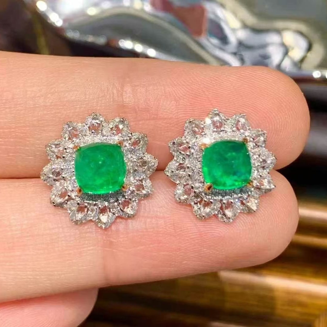 14k Gold 2.49 Ct Vivid Green Natural Emerald & Diamond & Sapphire Earrings - 2