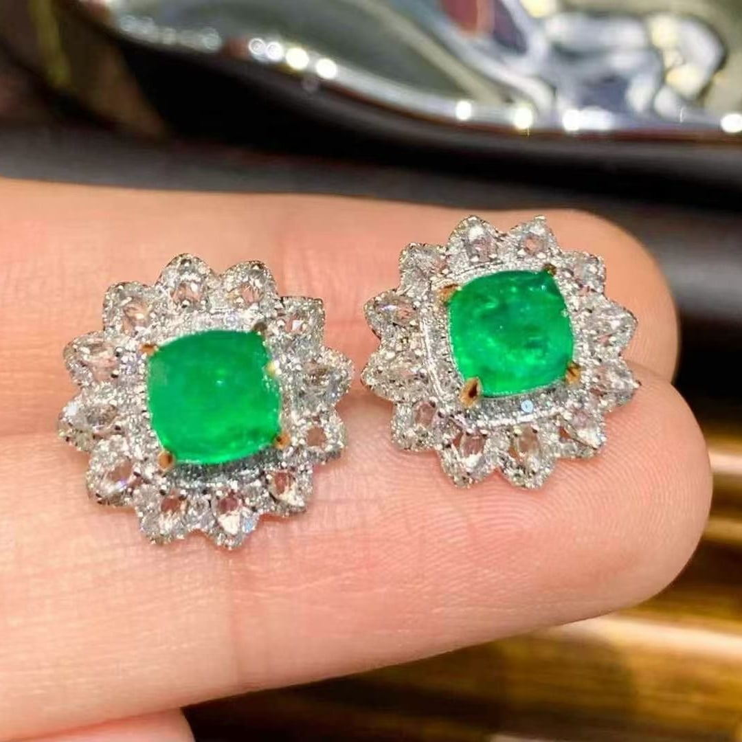 14k Gold 2.49 Ct Vivid Green Natural Emerald & Diamond & Sapphire Earrings - 3