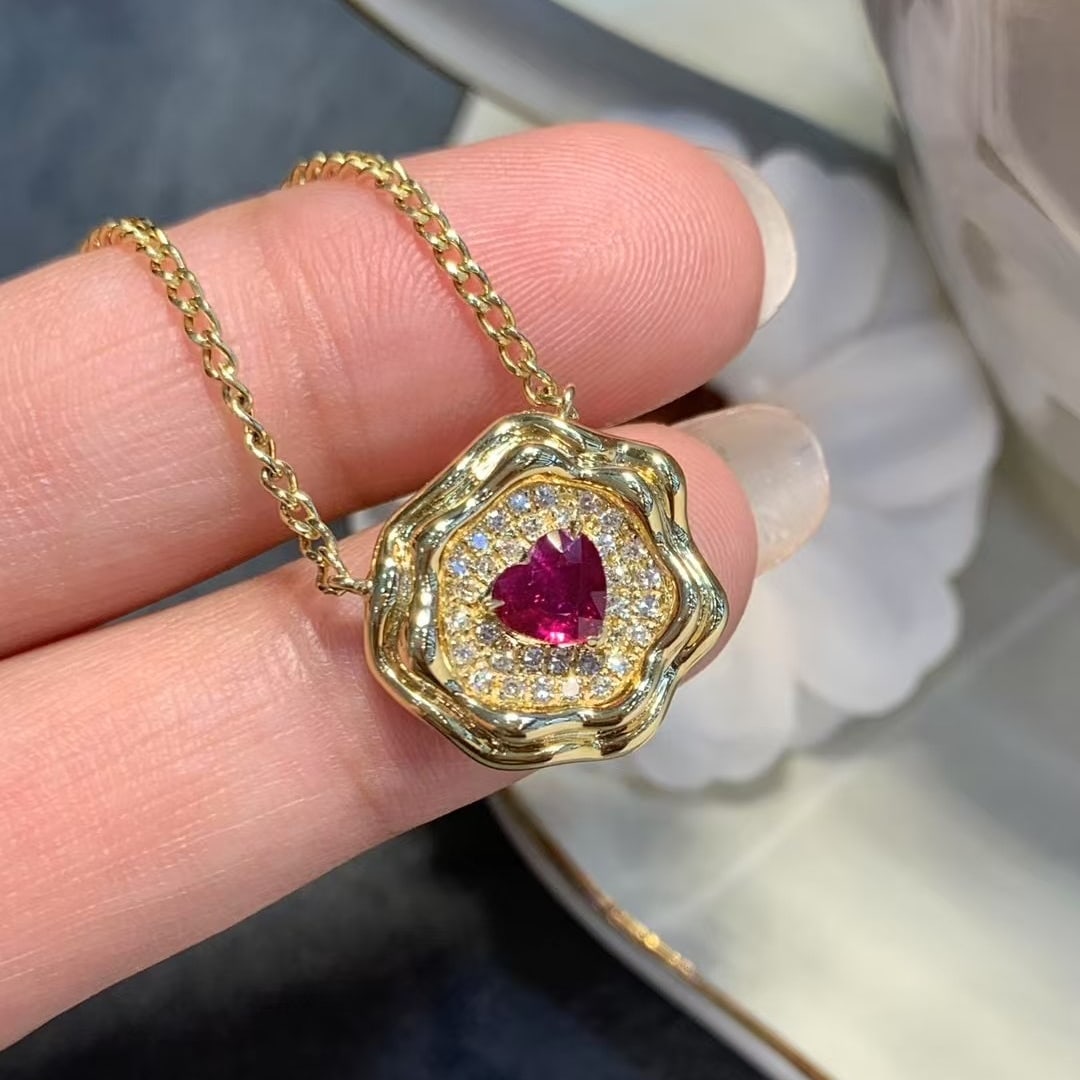 14k Gold 0.58 Ctw Natural Ruby & Diamond Necklace - 2