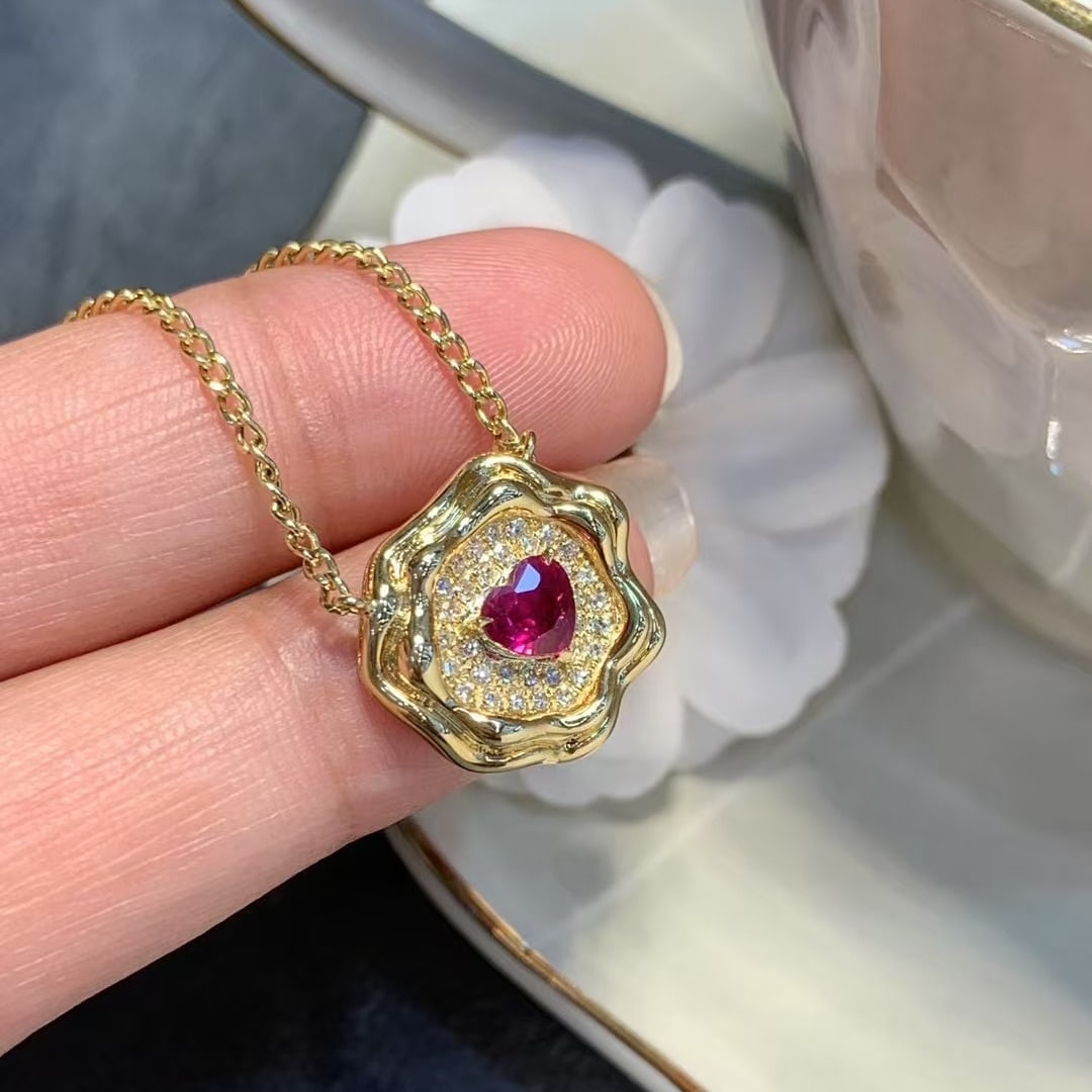 14k Gold 0.58 Ctw Natural Ruby & Diamond Necklace - 4