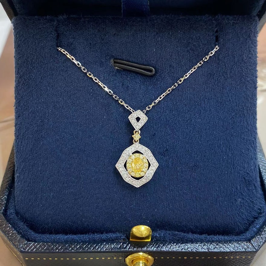 14k Gold 0.35 Ctw Natural Yellow Diamond & Diamond Necklace: Ref:230980444 // gold content:14k gold // main gemstone:yellow diamond // shape:oval // carat weight:0. 15ct // color:yellow // treatment:natural // // adjacent gemstone 2 : diamond // shape:round //