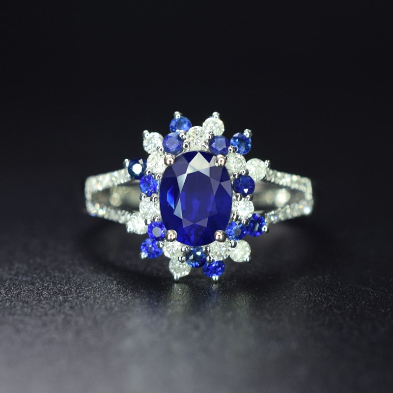 14k Gold 1.39 Ctw Natural Sapphire & Diamond Ring: Ref:231147002 // gold content:14k gold // ring size:7. 25us // // main gemstone:sapphire // shape:oval // carat weight:1. 02ct // color:blue // treatment:natural // // adjacent gemstone 2 : diamond