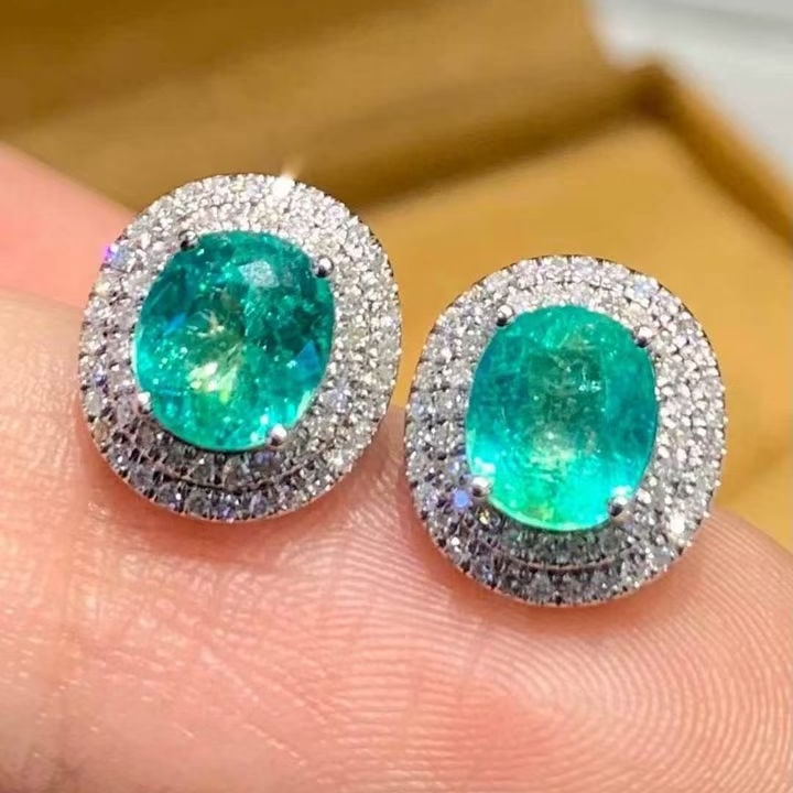 14k Gold 1.88 Ct Natural Paraiba Tourmaline & Diamond Earrings - 2
