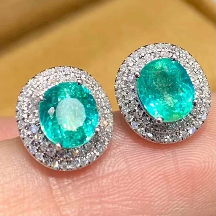 14k Gold 1.88 Ct Natural Paraiba Tourmaline & Diamond Earrings - 3