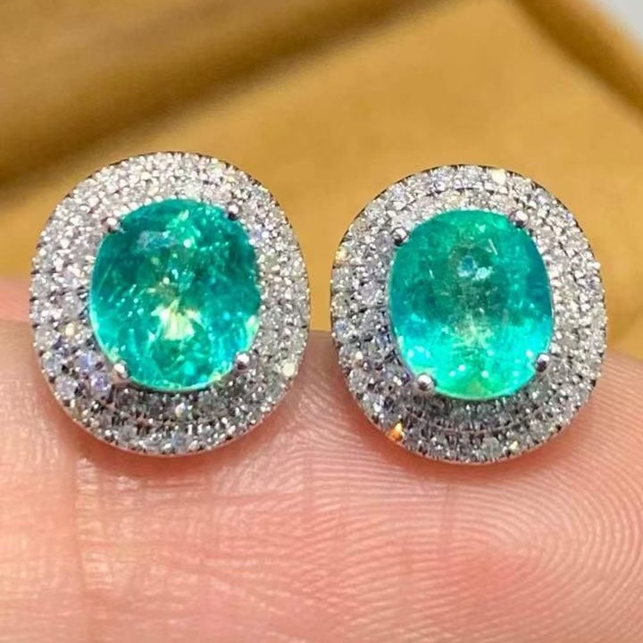 14k Gold 1.88 Ct Natural Paraiba Tourmaline & Diamond Earrings - 4