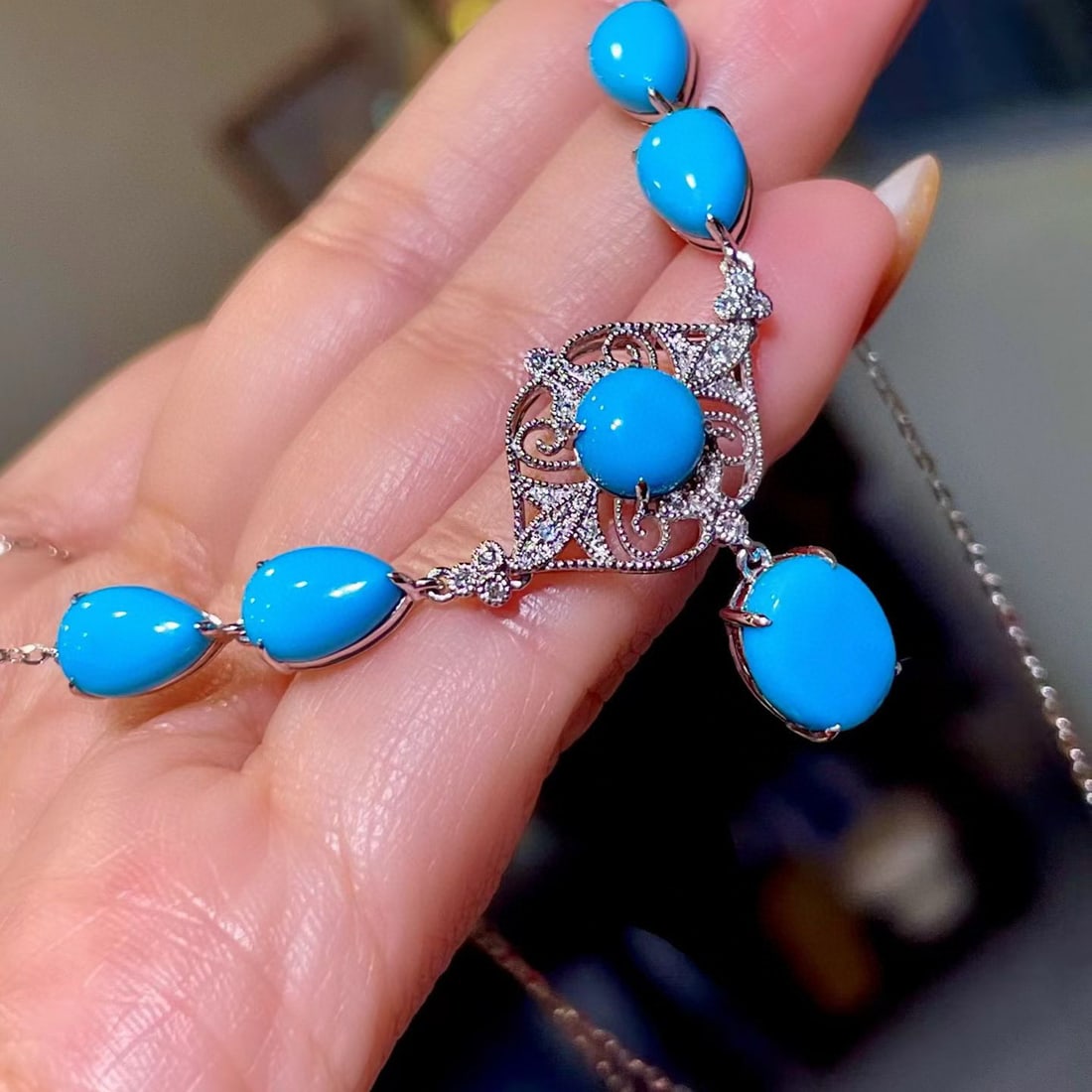 14k Gold 8.87 Ctw Natural Blue Turquoise & Diamond Necklace - 2